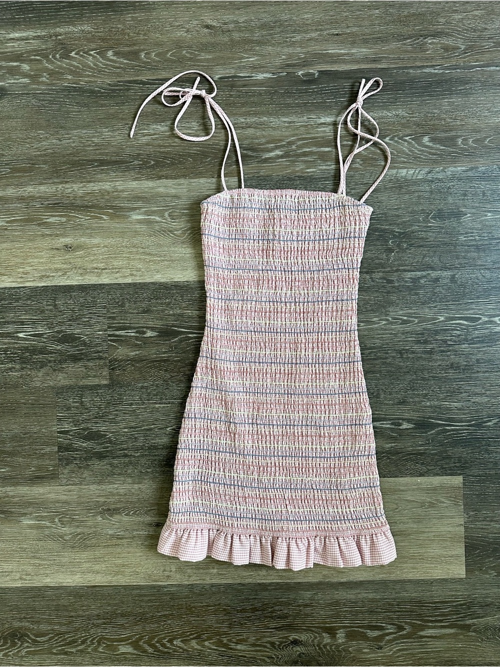 STORIA Pink Gingham Smocked Tie-Strap Mini Dress - Size Small